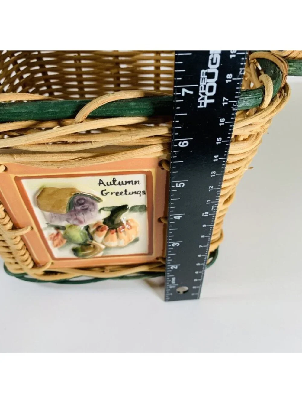 Vintage Autumn Greetings Wicker Basket Hand Painted Tile Cozy Harvest Decor